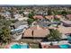 Aerial view showcases a home with backyard pool, covered patio, and RV parking in a residential neighborhood at 421 E Terrace Ave, Gilbert, AZ 85234