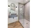 Modern bathroom featuring gray tile, glass enclosed shower, and contemporary fixtures at 7520 E Valley View Rd, Scottsdale, AZ 85250