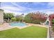 Backyard offers a serene oasis with a sparkling pool, lush foliage, and well-manicured artificial grass at 9442 N 118Th St, Scottsdale, AZ 85259