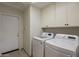 Laundry room featuring white washer and dryer with white cabinets and door at 9442 N 118Th St, Scottsdale, AZ 85259