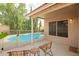 Covered patio with outdoor seating area overlooking a private backyard pool at 1439 S Dodge St, Gilbert, AZ 85233