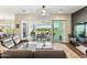 Open concept living room with hardwood floors, sliding glass doors, and view of backyard at 22743 N 97Th Dr, Peoria, AZ 85383