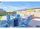 Backyard lounge area features comfortable blue chairs, a fire pit, and views of the sparkling pool at 4247 S Zenith --, Mesa, AZ 85212