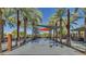 Beautiful community fountain with artistic sun shades, palm trees and seating areas at 4247 S Zenith --, Mesa, AZ 85212