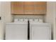 Efficient laundry area features a washer and dryer with upper cabinet storage for convenience at 12930 W Chapala Dr, Sun City West, AZ 85375