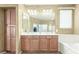 Spacious bathroom with double sinks, wooden cabinets, and tub shower, with neutral wall color at 3206 W Sentinel Rock Rd, Phoenix, AZ 85086