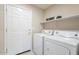 Bright laundry room featuring a white washer and dryer, shelf, and a white door at 3310 E Fremont Rd, Phoenix, AZ 85042
