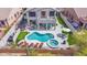 Aerial view of a private backyard retreat featuring a pool, spa, patio, and lush greenery at 7242 E Tyndall St, Mesa, AZ 85207