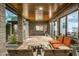 Covered patio with stone floor and wood ceiling, featuring stylish seating area perfect for outdoor entertaining at 8644 E Sweetwater Ave, Scottsdale, AZ 85260