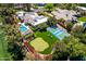 View of a private tennis court, putting green, and swimming pool in the landscaped backyard of a luxury Scottsdale home at 87 Biltmore Est, Phoenix, AZ 85016
