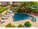 Aerial view of a kidney-shaped backyard pool surrounded by lounge chairs and lush landscaping at 21557 N Anne Ln, Maricopa, AZ 85138