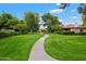 Beautifully landscaped walkway through lush green lawns and mature trees, creating a serene community setting at 5465 N 78Th St, Scottsdale, AZ 85250
