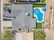 Stunning aerial view showcasing a backyard pool, patio, and lush landscaping at 1012 E Magdalena Dr, Tempe, AZ 85283