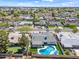 Backyard aerial view of pool and outdoor patio with lush surrounding neighborhood at 1012 E Magdalena Dr, Tempe, AZ 85283