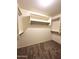 Walk-in closet featuring built-in shelving and ample storage space with neutral color carpet at 2409 N 112Th Ln, Avondale, AZ 85392
