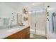 Bright bathroom featuring modern vanity, a shower with glass door, and stylish decorations at 3347 E Malibu Dr, San Tan Valley, AZ 85143