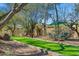 Lush backyard featuring a pristine lawn, mature trees, and an inviting outdoor dining set for entertaining at 6301 N Camelback Manor Dr, Paradise Valley, AZ 85253