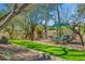 Spacious backyard featuring a bocce ball court, patio furniture, and mature trees for shade at 6301 N Camelback Manor Dr, Paradise Valley, AZ 85253
