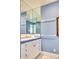 Charming blue bathroom with a white vanity featuring blue knobs and a gold faucet at 7630 E Vaquero Dr, Scottsdale, AZ 85258