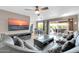 Cozy living room featuring a large television, comfortable seating, and sliding glass doors to the patio at 10543 E Sahuaro Dr, Scottsdale, AZ 85259