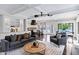 Open-concept living room featuring hardwood floors, modern furniture, and seamless flow to the kitchen and outdoor pool area at 14841 N 62Nd Way, Scottsdale, AZ 85254