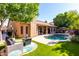 Backyard featuring a pool, patio, and artificial turf landscaping at 2226 E Beachcomber Dr, Gilbert, AZ 85234