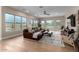 Bright living room with hardwood floors, comfortable seating, and large windows overlooking the pool at 6209 E Bramble Berry Ln, Cave Creek, AZ 85331