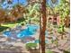 Aerial view of the community pool area with lounge chairs, umbrellas, and lush landscaping surrounding it at 4303 E Cactus Rd # 407, Phoenix, AZ 85032
