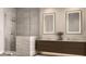 Modern bathroom with double vanity, illuminated mirrors, and a luxurious glass-enclosed shower with stone accents at 4849 N Camelback Ridge Rd # A309, Scottsdale, AZ 85251