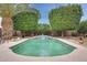 Serene backyard pool area with lush trees and calming waterfall, offering privacy at 15962 W Statler St, Surprise, AZ 85374
