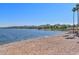 A sandy beach meets tranquil lake waters, with palm trees and mountain views on a clear sunny day at 18233 W Hope Dr, Goodyear, AZ 85338