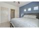 Charming bedroom with a view to a hallway with white door and a serene blue accent wall, enhancing its appeal at 4864 E Eden Dr, Cave Creek, AZ 85331