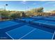 Bright blue community pickleball courts with nets, surrounded by desert landscaping and neighborhood views at 9620 E Roadrunner Dr, Scottsdale, AZ 85262