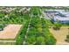 Aerial shot of a neighborhood featuring mature trees along the street, providing a scenic community setting at 3859 E Appaloosa Rd, Gilbert, AZ 85296
