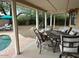 Covered patio showcases an outdoor dining set and cozy seating, perfect for entertaining by the pool at 5601 E Monte Cristo Ave, Scottsdale, AZ 85254