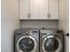 Functional laundry room with washer, dryer, and upper cabinets at 10620 N 84Th St, Scottsdale, AZ 85260