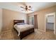 Comfortable bedroom with carpet flooring, ceiling fan, and a walk-in closet at 9722 W Prospector Dr, Queen Creek, AZ 85144