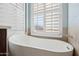 Elegant bathtub under bright window with plantation shutters at 11451 E Christmas Cholla Dr, Scottsdale, AZ 85255
