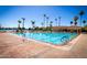 Large community pool with palm trees, lounge chairs, and a view of the lake at 1633 E Lakeside Dr # 25, Gilbert, AZ 85234