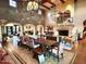 Elegant dining room featuring a grand stone fireplace and large windows, perfect for gatherings and entertaining guests at 247 E Las Puertas Ln, Queen Creek, AZ 85140