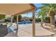 Gorgeous backyard showcasing pool, landscaped patio, and mature palm trees for a resort-like feel at 1313 W Glenmere Dr, Chandler, AZ 85224