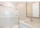 Modern bathroom with white subway tile shower, quartz countertop vanity, and contemporary fixtures at 1571 E Tiffany Way, Gilbert, AZ 85298