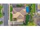 Aerial view showcasing the property's layout, including a private pool, landscaping, and proximity to residential streets at 21525 E Camacho Rd, Queen Creek, AZ 85142