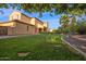 A view of the lush backyard with a well-maintained lawn and beautiful landscaping at 21525 E Camacho Rd, Queen Creek, AZ 85142