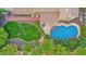 Aerial view showcases landscaped backyard with a kidney-shaped pool, patio, and lush green lawn at 21525 E Camacho Rd, Queen Creek, AZ 85142