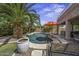Private backyard oasis featuring a dark blue pool, lounge chairs, and lush palm trees at 43650 W Snow Dr, Maricopa, AZ 85138