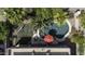 Aerial view of a backyard oasis with a sparkling pool and lush landscaping, creating a private retreat at 43650 W Snow Dr, Maricopa, AZ 85138