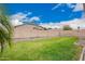 Expansive backyard featuring a green lawn, desert landscaping, and secure privacy wall at 10064 E Kilarea Ave, Mesa, AZ 85209