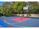 Private backyard basketball court with blue and red accents, and ample tree coverage at 8601 N 59Th Pl, Paradise Valley, AZ 85253