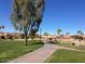 Beautiful community walking path with lush green lawns and palm trees under a clear blue sky at 3830 E Lakewood Pkwy # 2162, Phoenix, AZ 85048